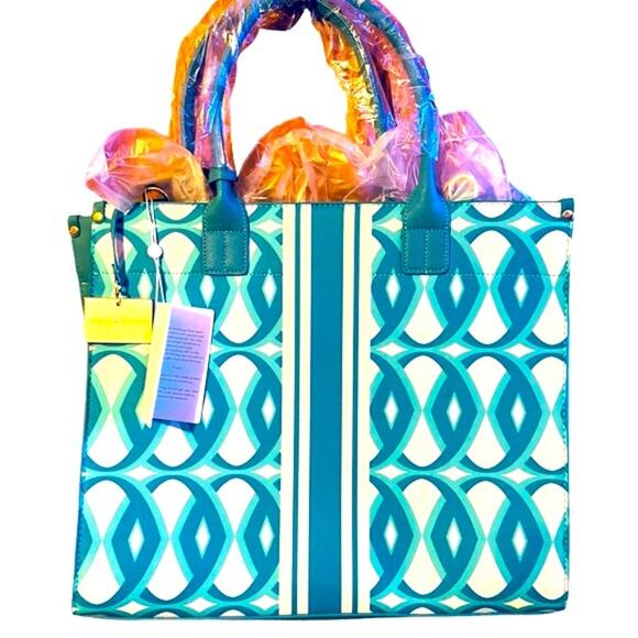 Trina Turk Large Tote NWT Turquoise and White Handbag with Shoulder Strap - Picture 2 of 5